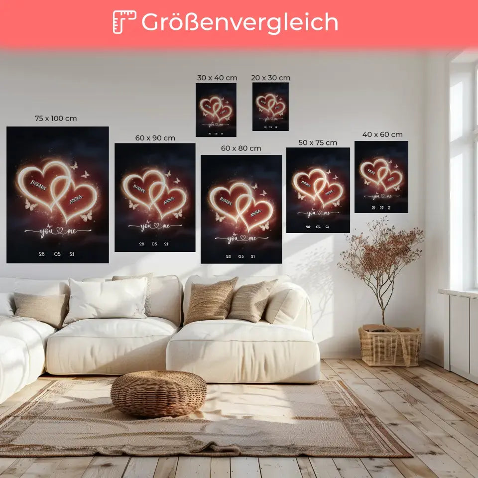 Personalisierte Leinwand für Paare Licht Herzen mit Namen 6