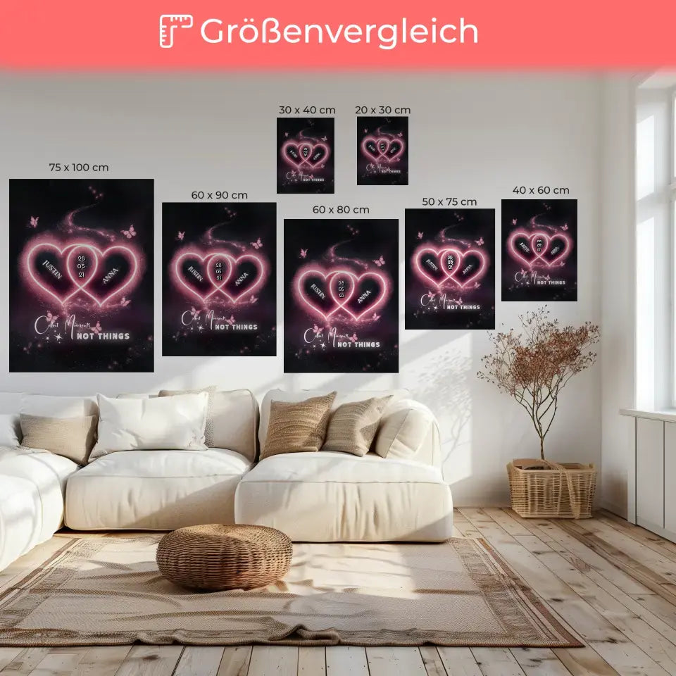 Personalisierte Paar Leinwand Rosa Herzen mit Namen Love 6
