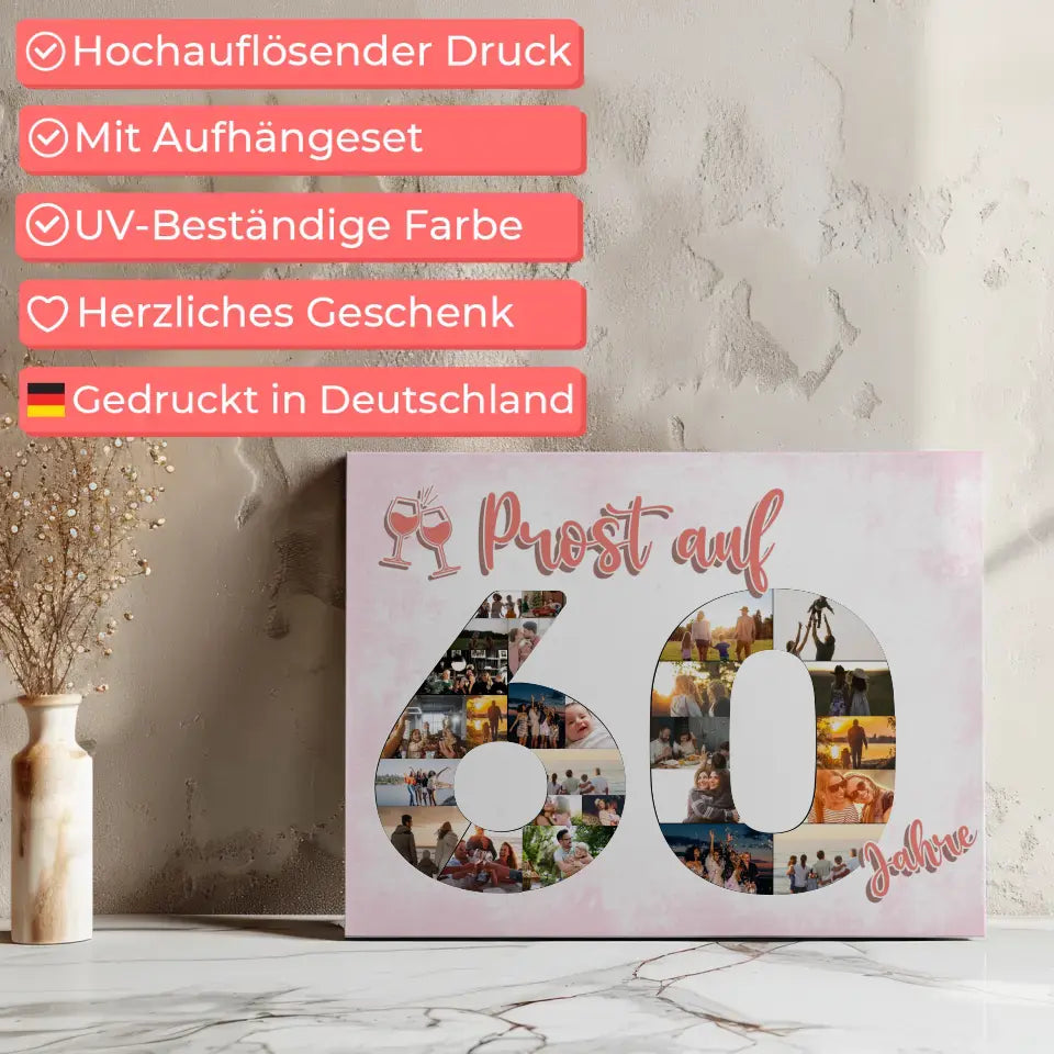 Leinwand Geschenk zum Prost Auf 60 Geburtstag Für Frauen Sekt Rosa 7