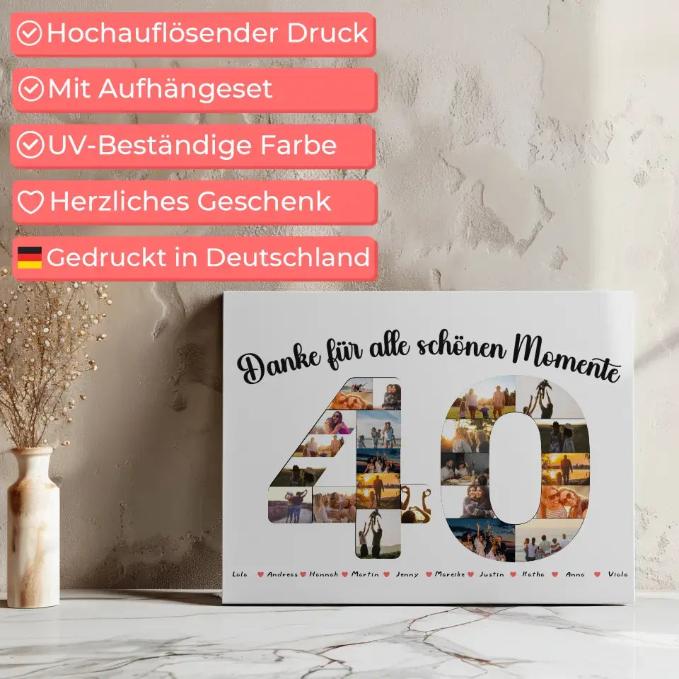 Individuelles Leinwand 40 Geburtstag Danke für Momente mit Fotos 7