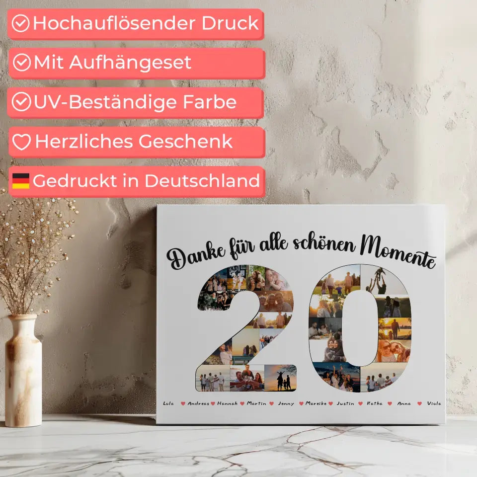 Personalisierte Leinwand 20 Geburtstag Danke für Momente mit Fotos 7