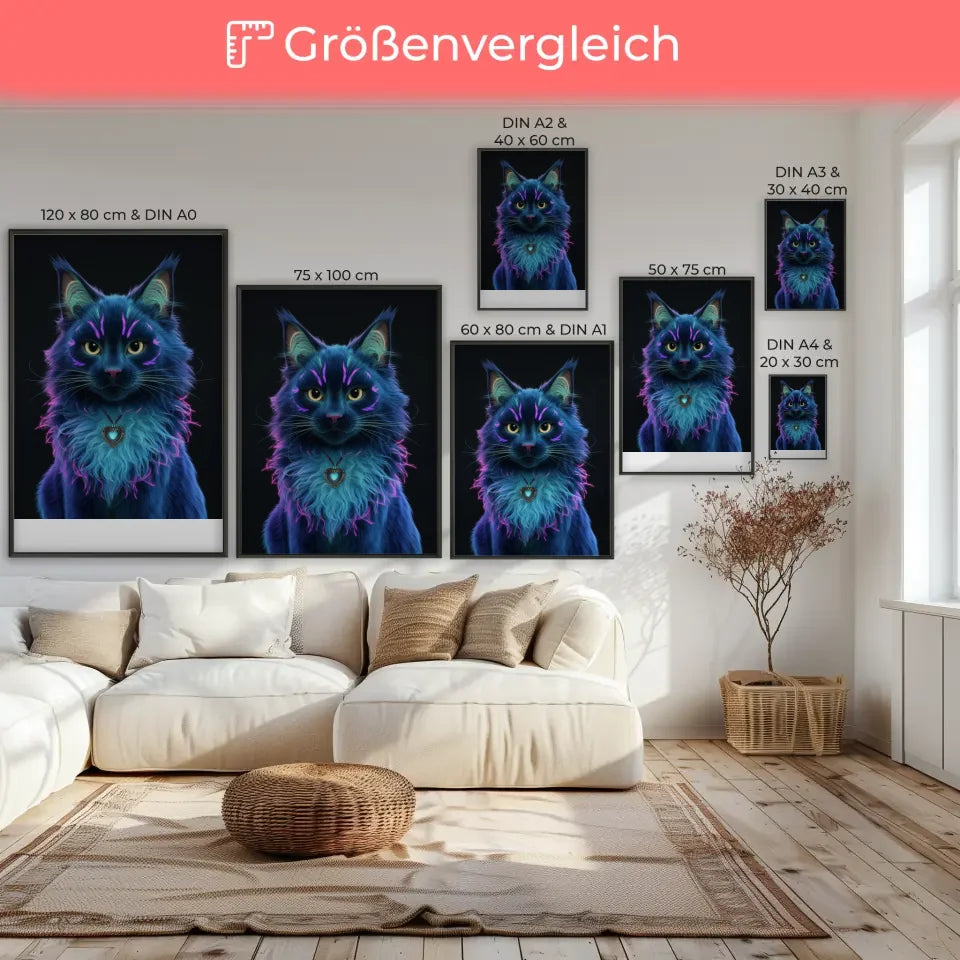 Fesselnder Poster einer fantasievollen dunklen Katze im neon Design