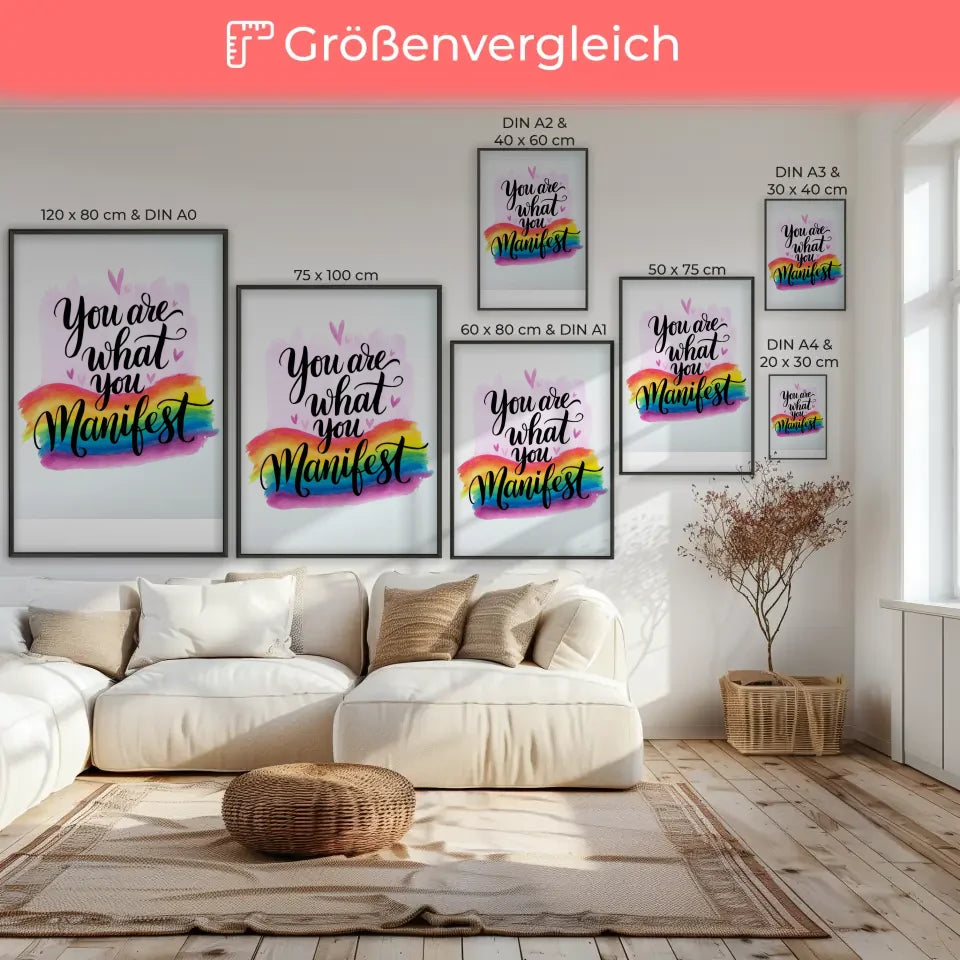 Inspirierendes Poster mit Aquarell und Zitat Du bist was du manifestierst