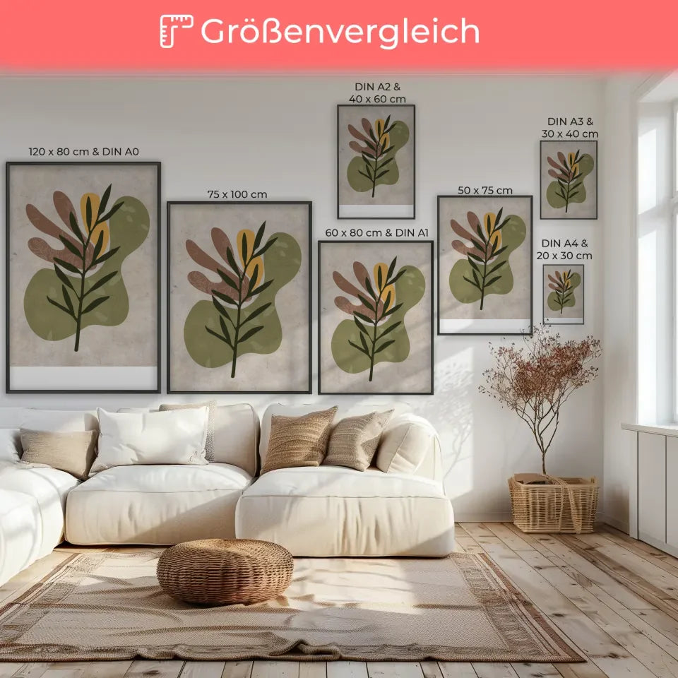 Abstraktes Poster mit grünem Zweig und Boho-Style für dein Zuhause