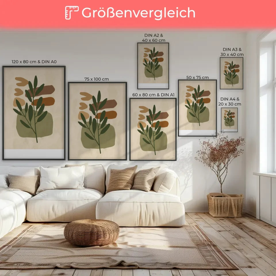 Abstraktes Boho Poster mit grünem Zweig und Braun Orange Formen