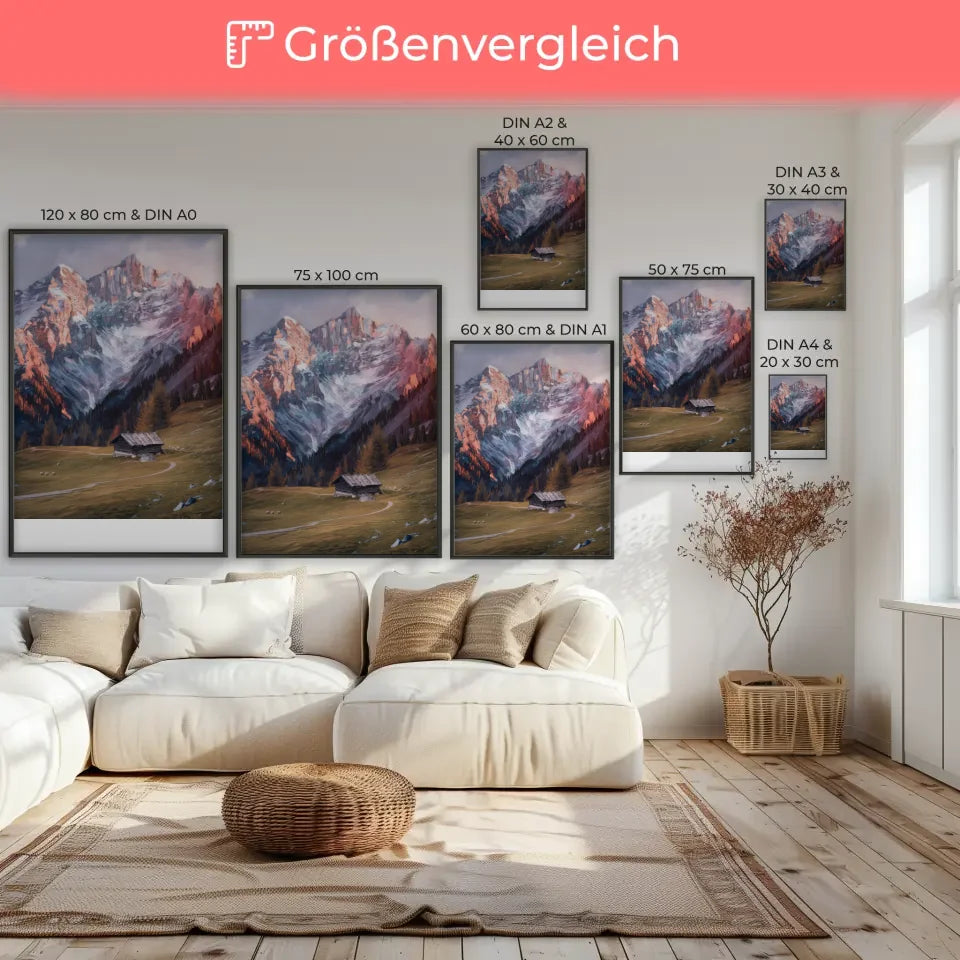 Berglandschaft Poster mit schneebedeckten Gipfeln und ruhiger Wiese
