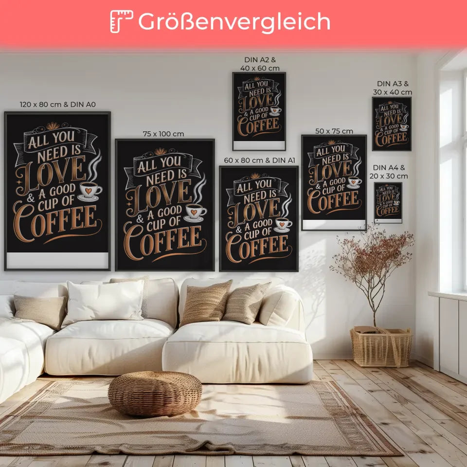 Gemütliches Poster mit Kaffee Zitat in edlen Bronze und Goldfarben