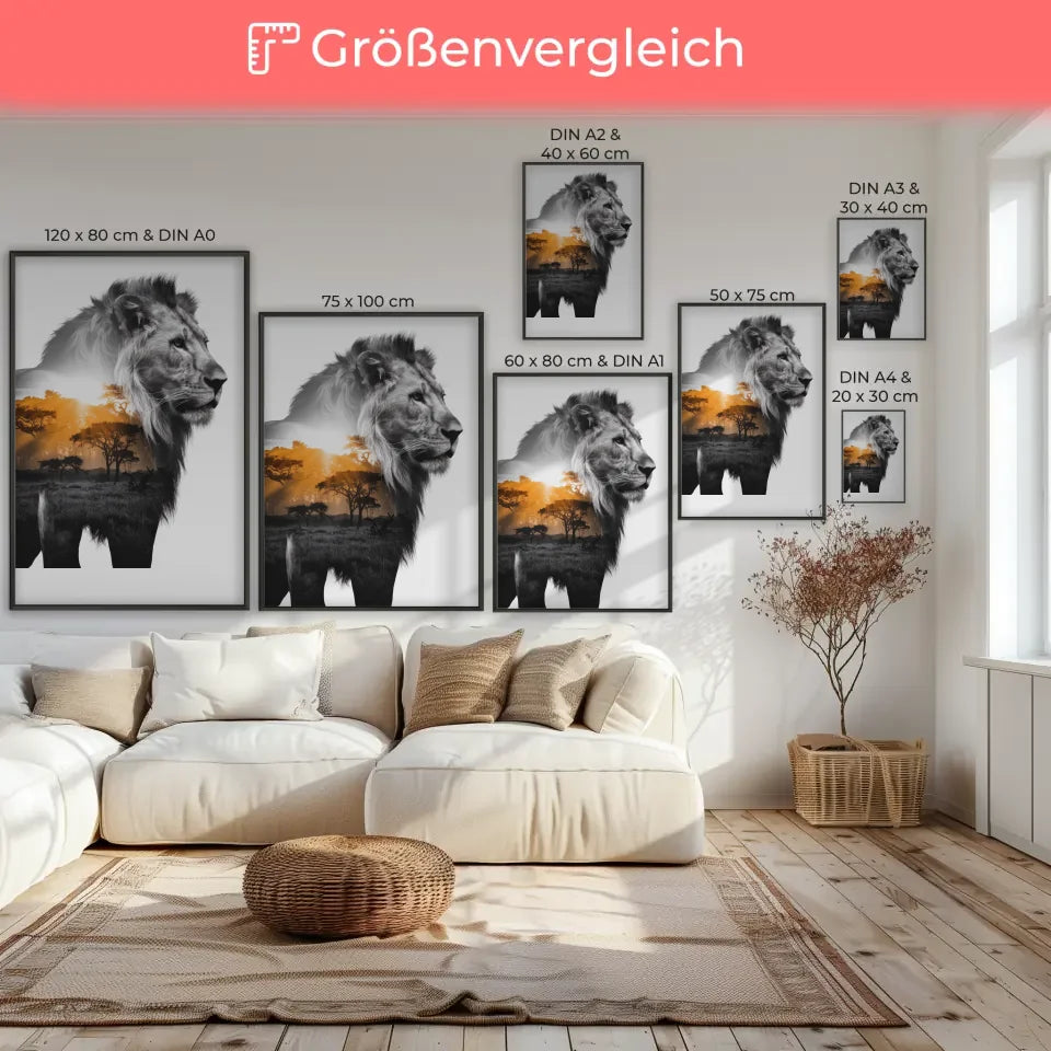 MajestÀtischer Löwen Poster mit afrikanischem Sonnenaufgangsdesign