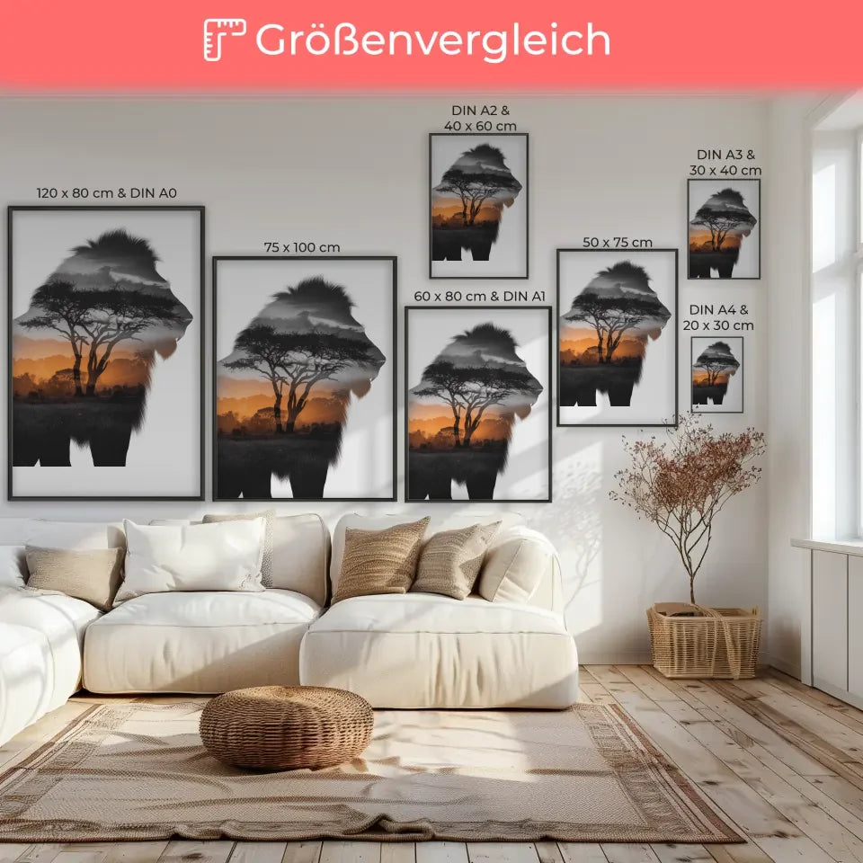 Majestätischer Löwen Poster mit afrikanischem Sonnenaufgangsdesign