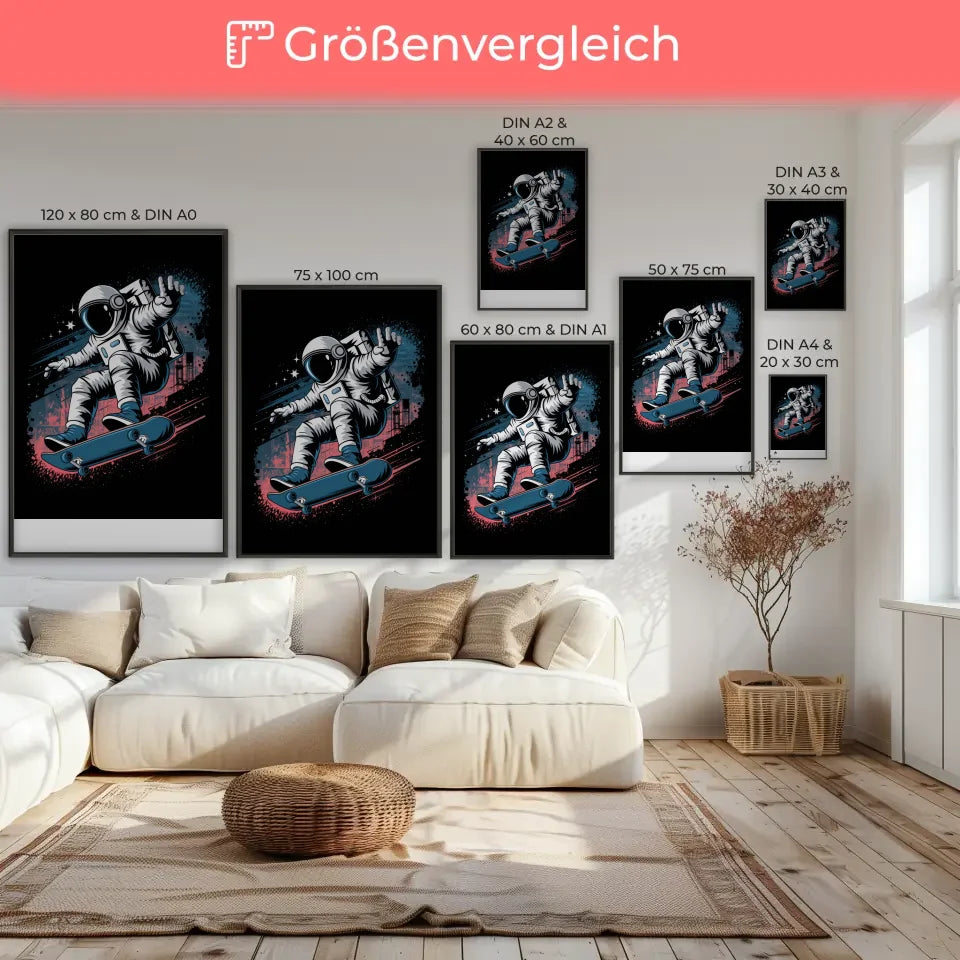 Futuristischer Astronaut Poster mit Skateboard Kickflip im Weltraum