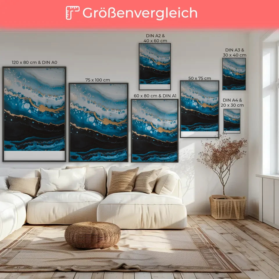 Eleganter Poster mit fließendem Design in Blau und Gold für stilvolle Räume