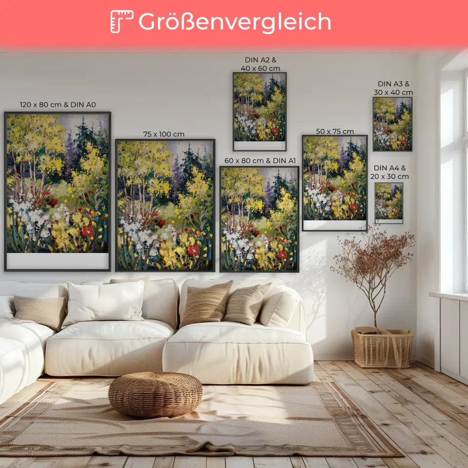 Farbenfrohes Wald Poster im impressionistischen Stil mit Blumenpracht