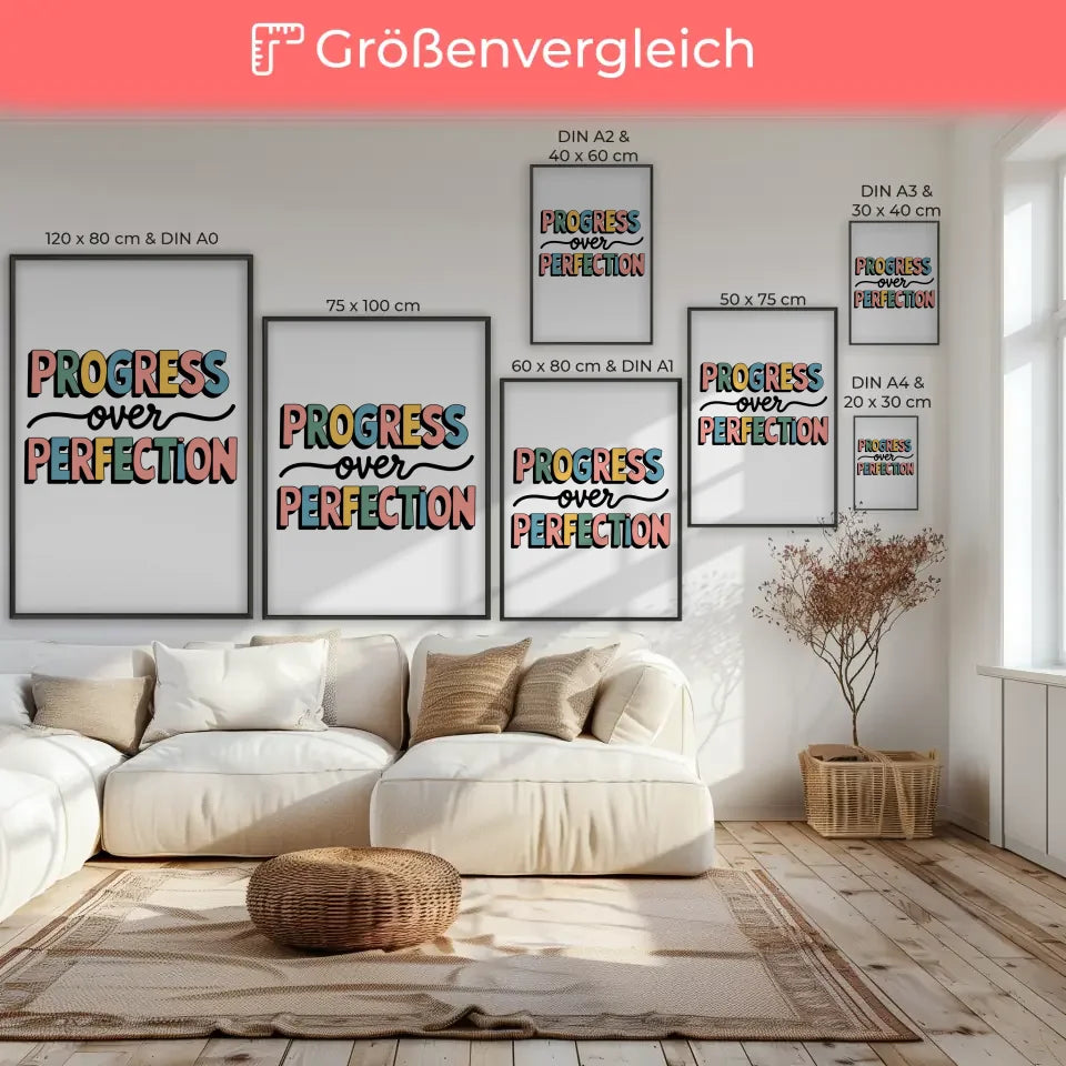 Farbenfrohes Poster mit dem Spruch Fortschritt statt Perfektion