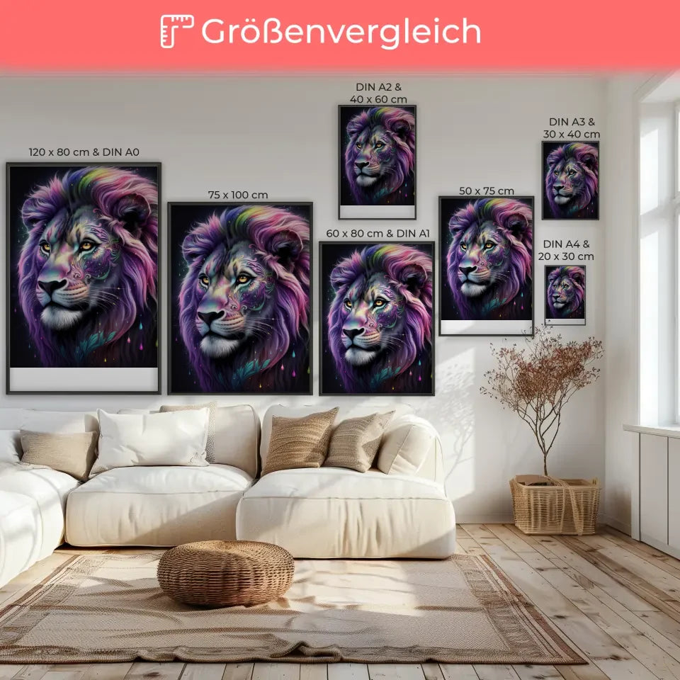 Faszinierendes Löwen Poster mit bunten Mustern und traumhaftem Design