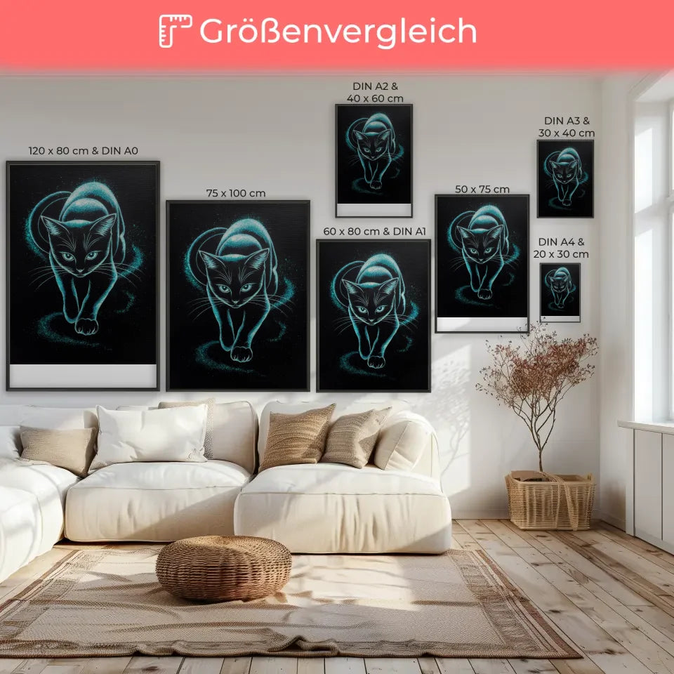 Magische Katze Poster mit Glitzerkunst in schwarz-weiß und blauem Blick