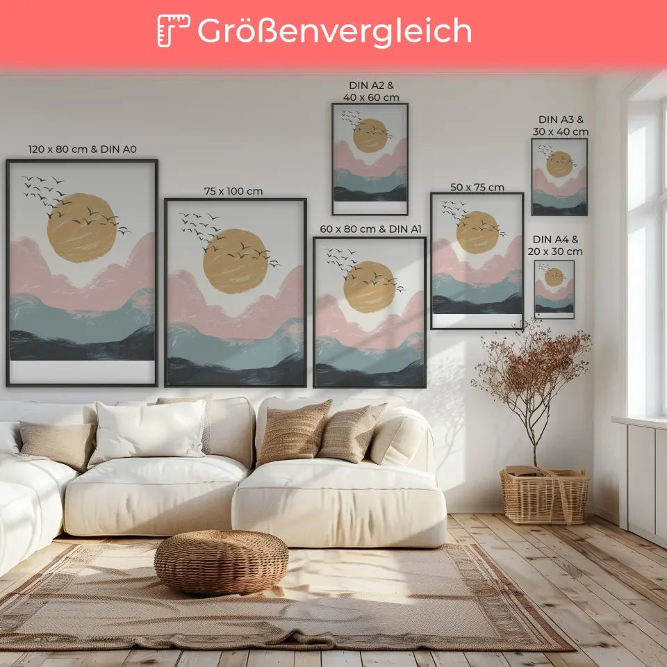 Abstraktes Poster mit minimalistischer Landschaft und goldgelber Sonne