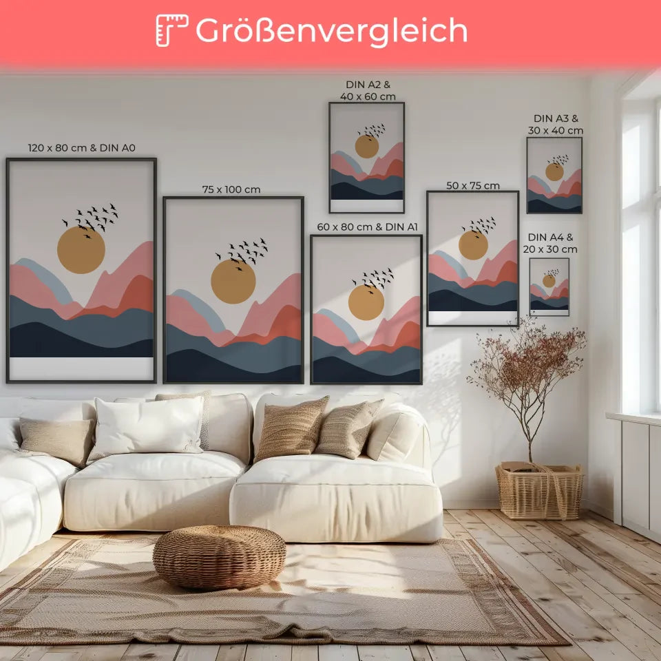 Minimalistisches Poster mit abstrakter Landschaft und Vögeln im Flug
