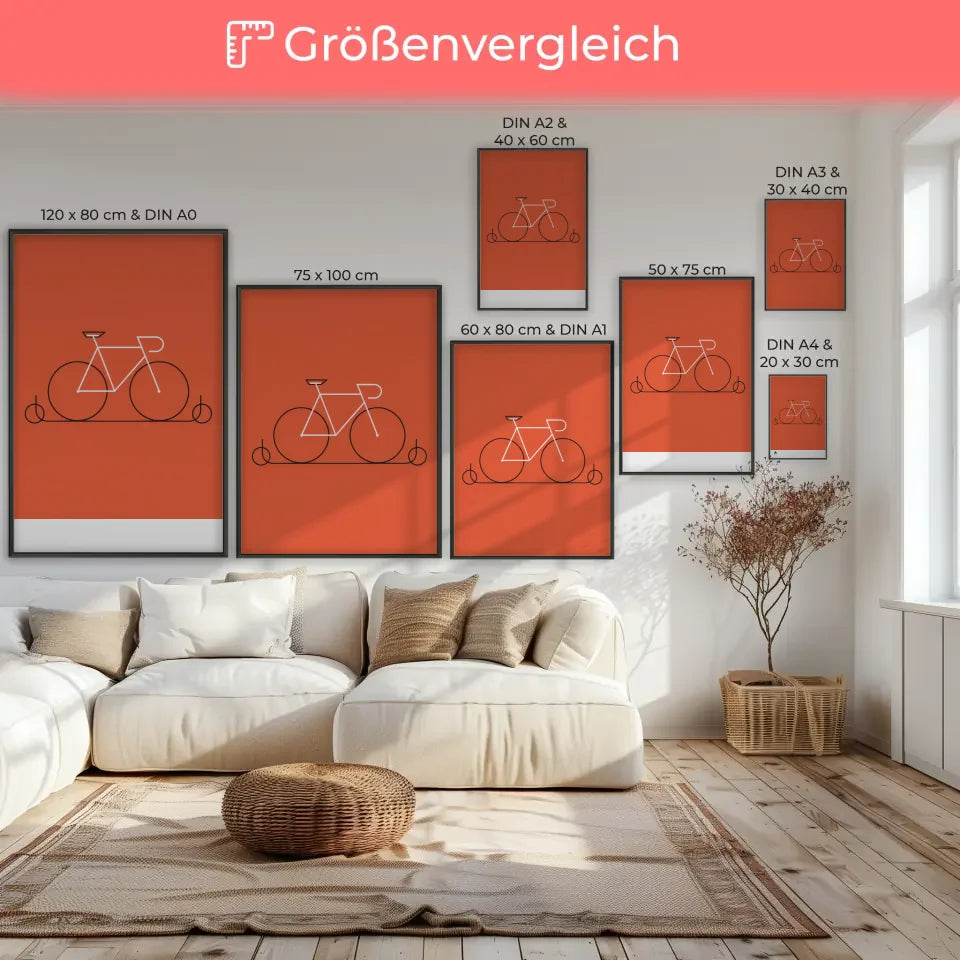 Minimalistisches Fahrrad Poster mit orangefarbenem Hintergrund kaufen