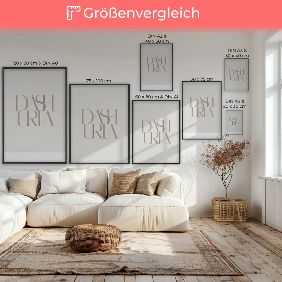 Poster mit dem Wort DASHURIA in minimalistischer Eleganz und Farbenpracht
