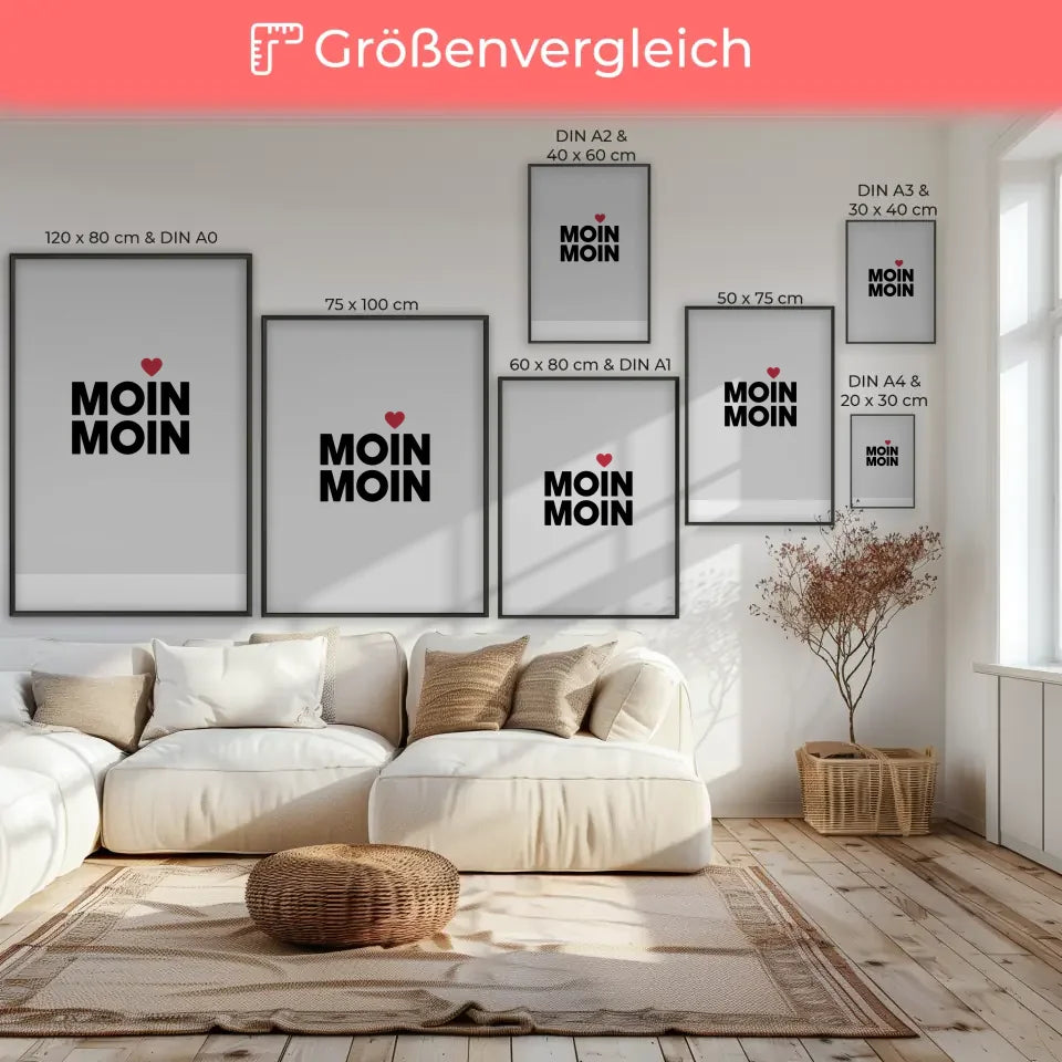 Minimalistisches Moin Moin Poster mit Herz in Schwarz auf Weiß