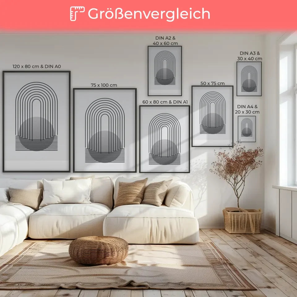 Minimalistisches Poster mit Linien und kreisförmigem Design in grau