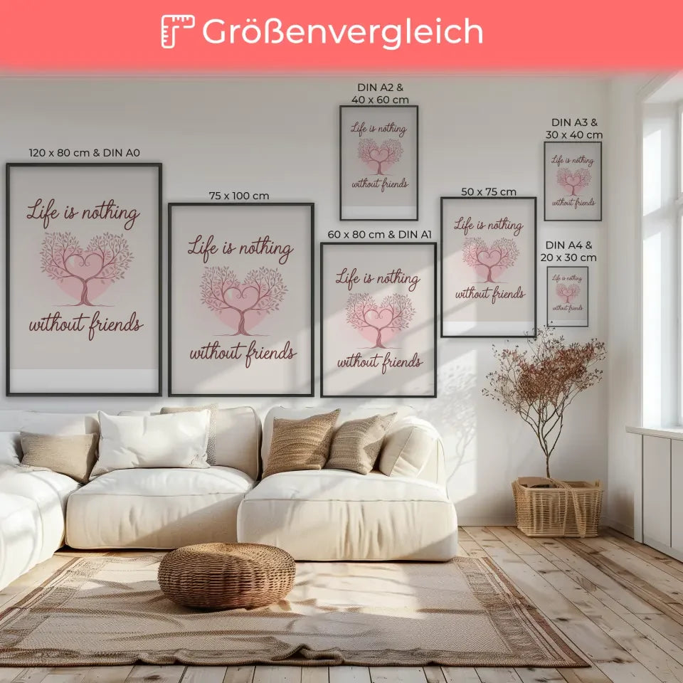 Poster mit stilisiertem Baum Herz und Handschrift für Freundschaft