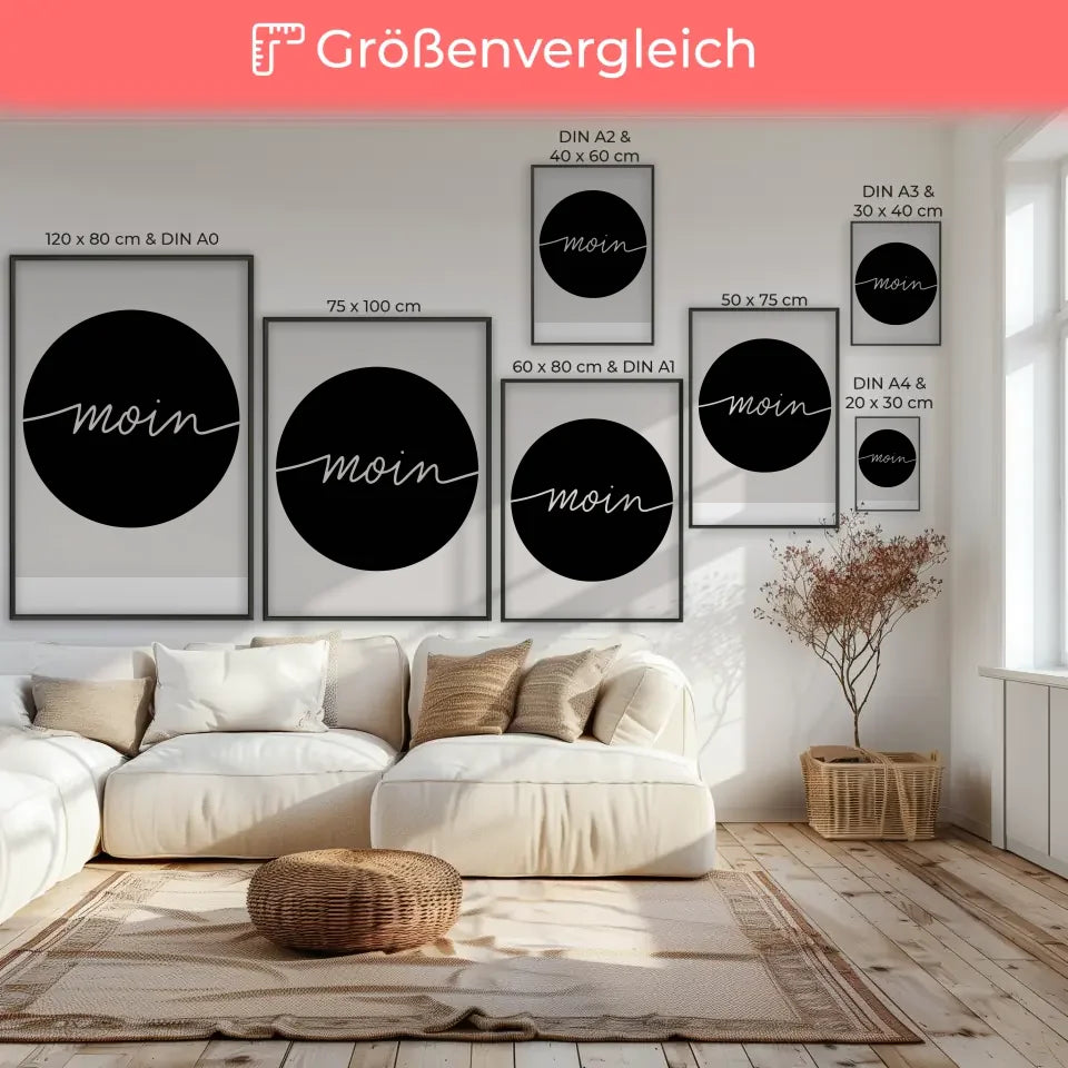 Minimalistisches Poster Moin weißer Text auf schwarzem Hintergrund