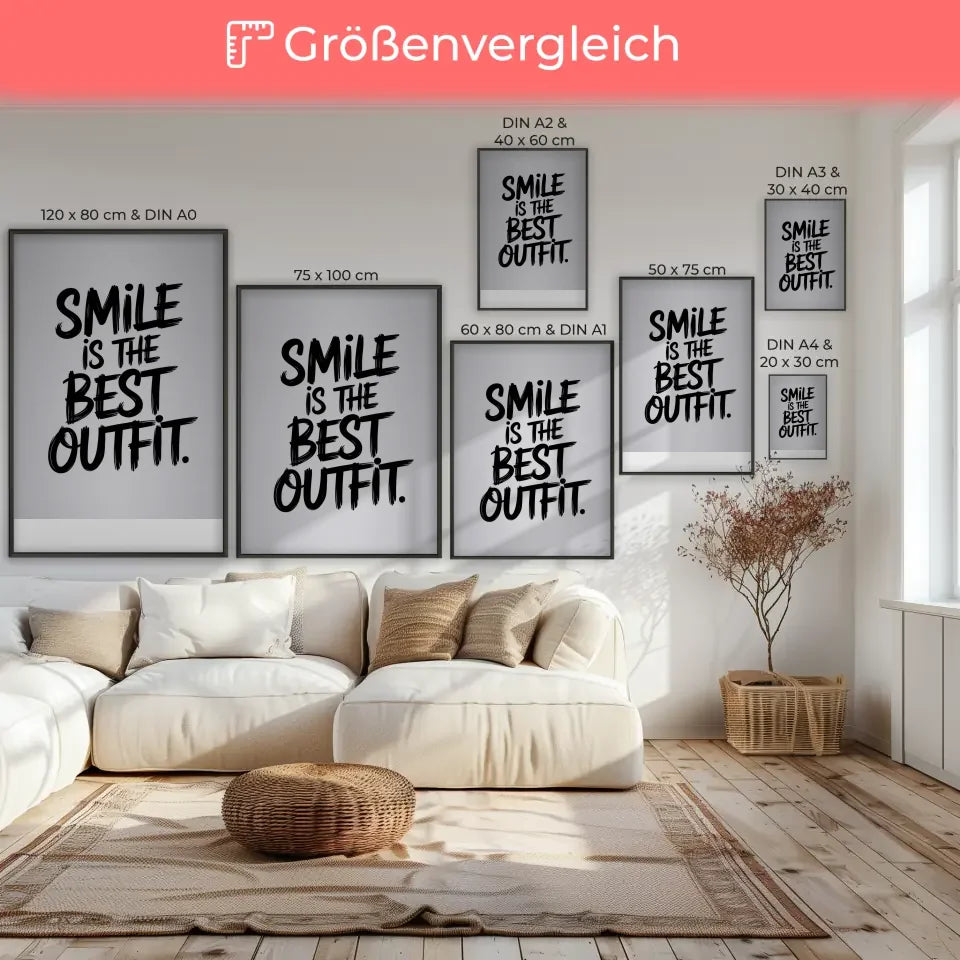 Minimalistisches Poster LÀcheln ist das beste Outfit in krÀftiger Schrift