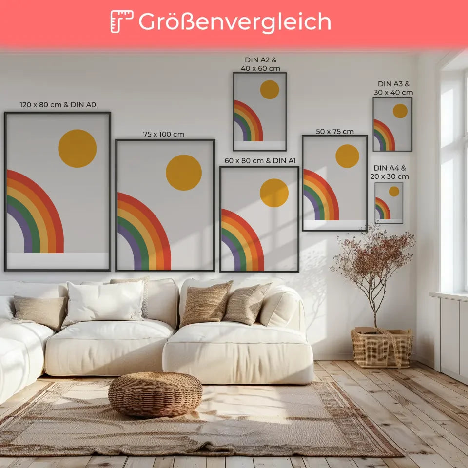 Minimalistischer Poster mit leuchtendem Regenbogen und gelbem Kreis