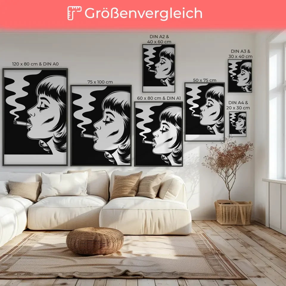 Poster monochrome Frauenillustration Rauch Comic Stil schwarz weiß