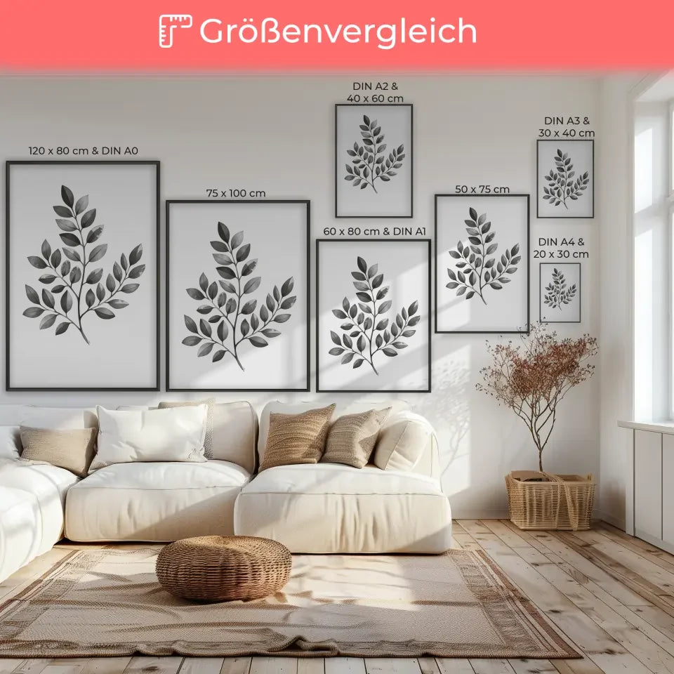 Monochromes Pflanzen Poster mit Aquarellillustration und Licht Schatten