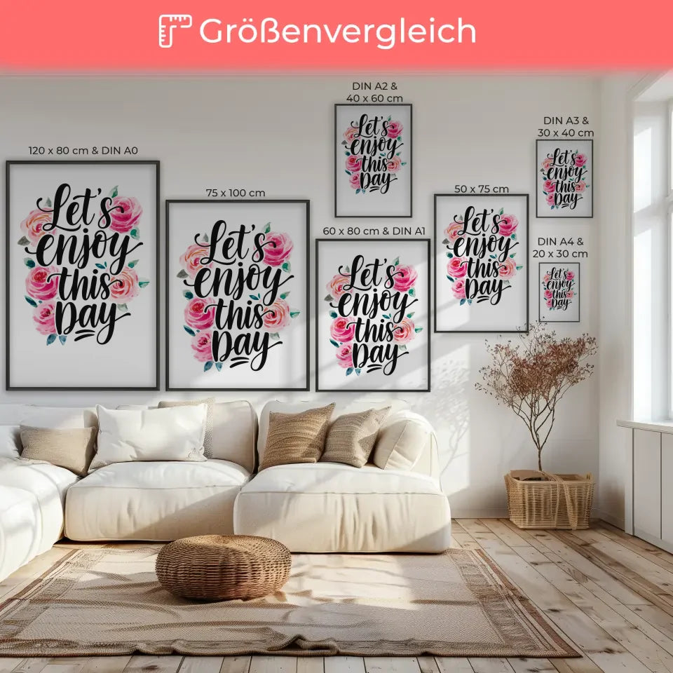 Poster mit Aquarellrosen und Zitat Lasst uns diesen Tag genießen