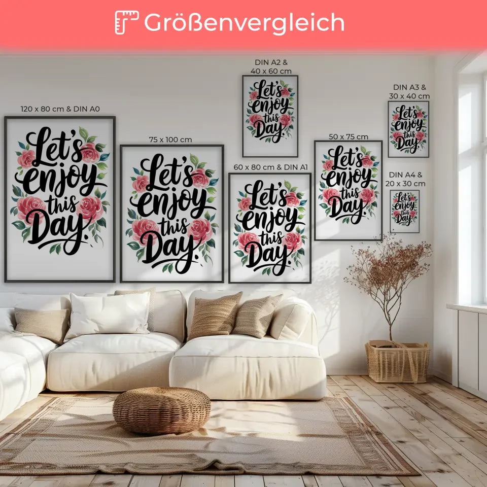 Poster mit Aquarellrosen und Zitat Lasst uns diesen Tag genießen
