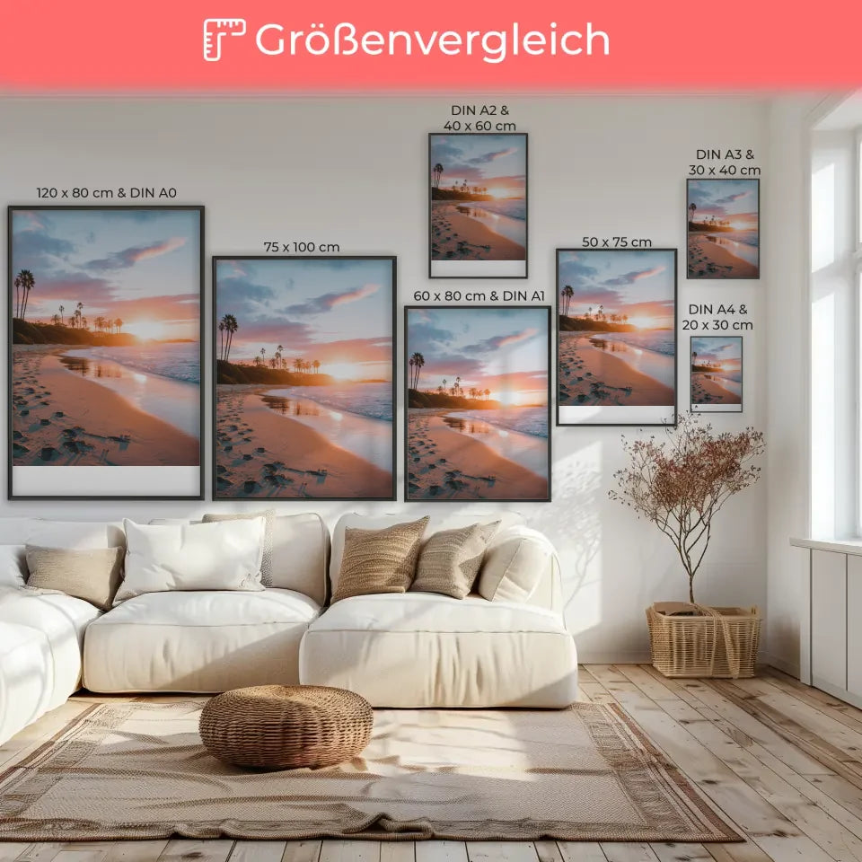 Sonnenuntergangs-Poster mit Palmen, Strand und pastellfarbenen Surfbrettern 7