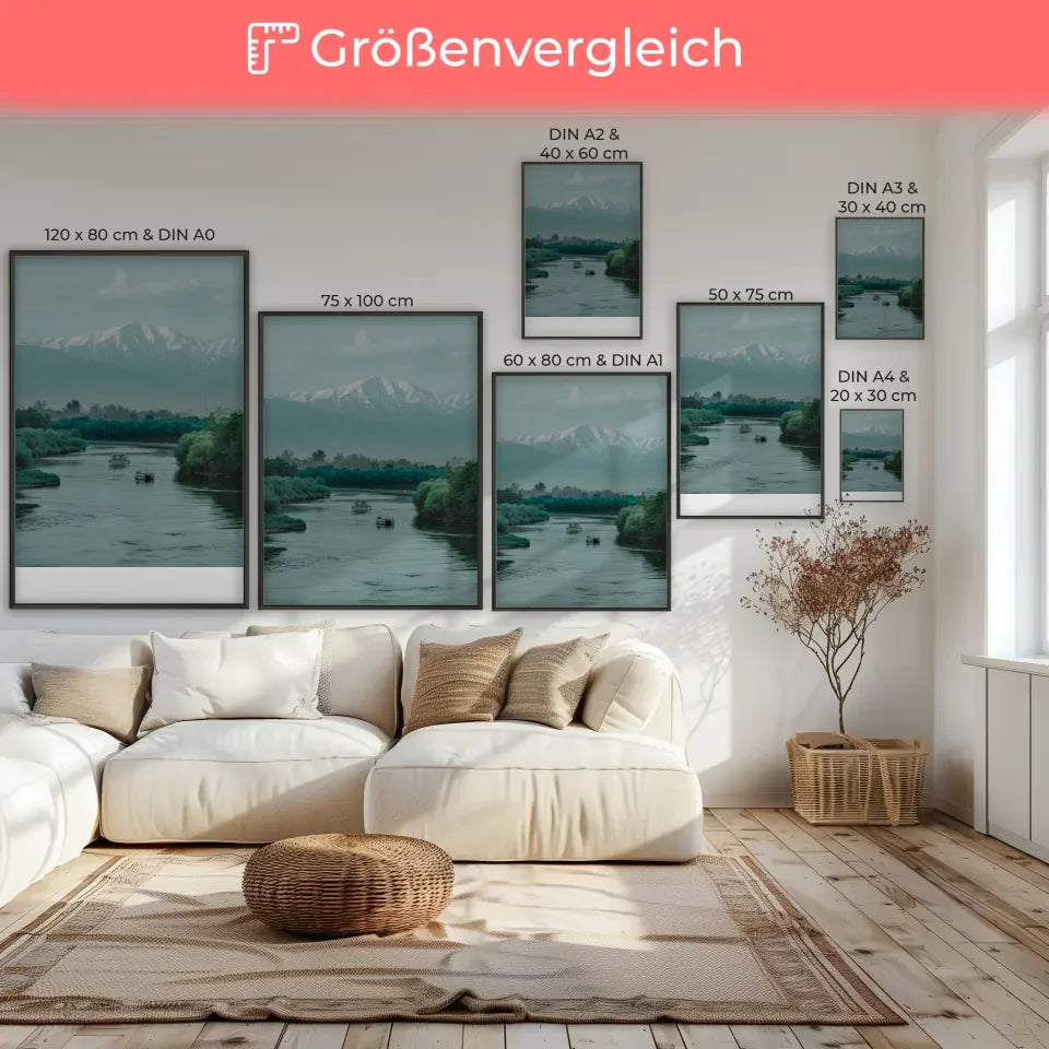 Poster mit ruhiger Landschaft, Fluss, Booten und schneebedeckten Bergen 7