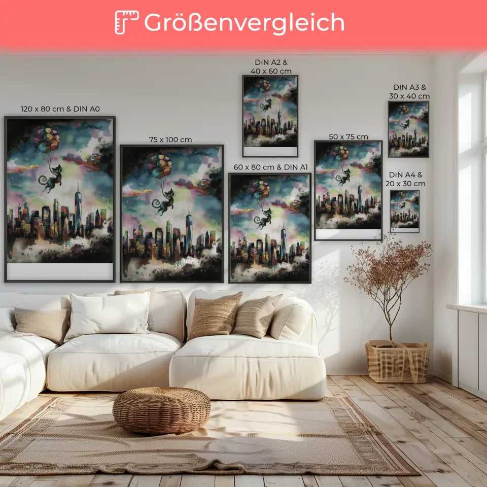 Surreales Aquarell Poster mit Fantasy Skyline von New York 7