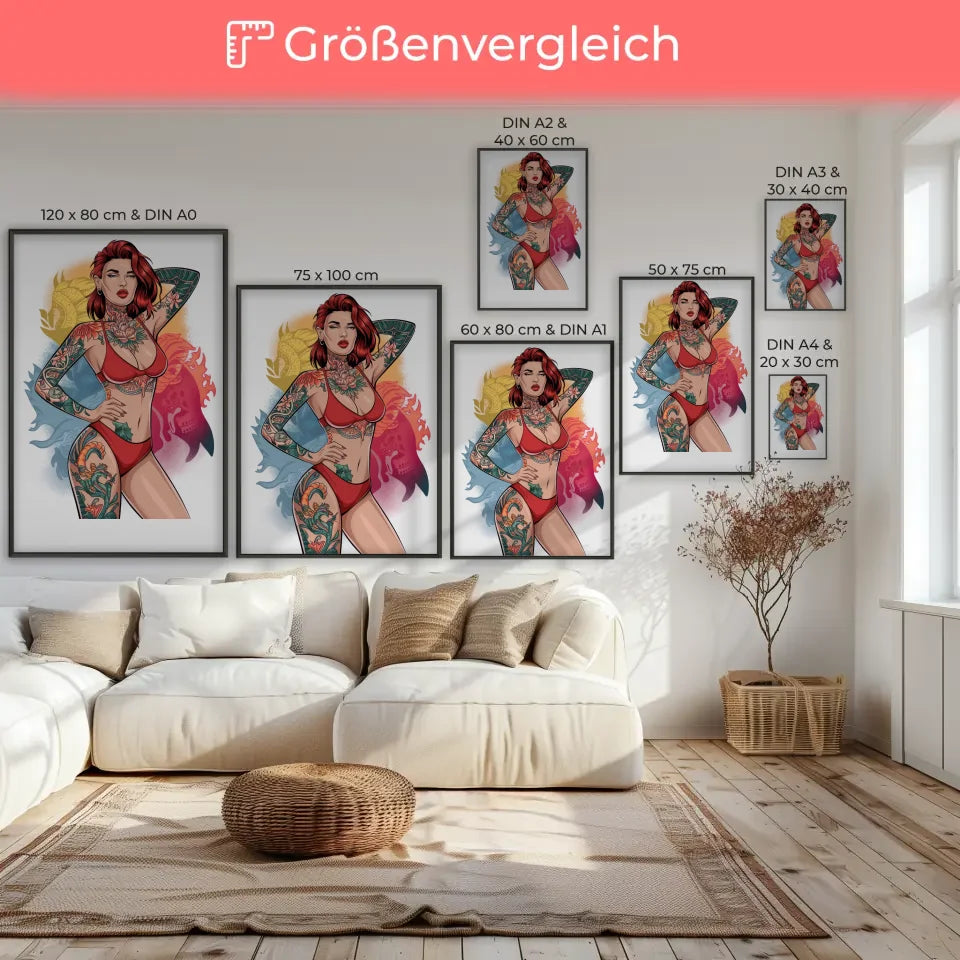 Poster einer atemberaubenden Frau im roten Bikini mit Tattoo 7