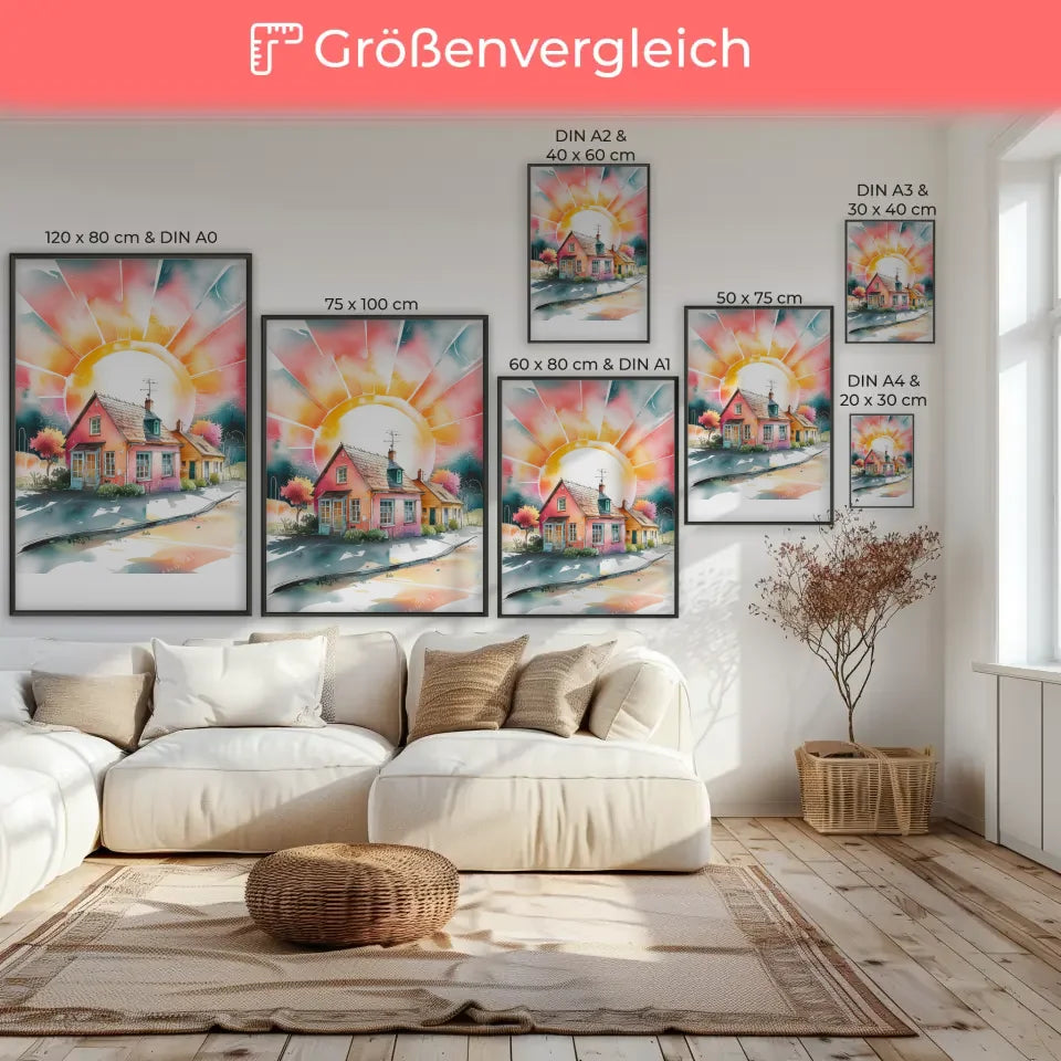 Aquarell Poster malerische Kleinstadt im Sonnenlicht 7