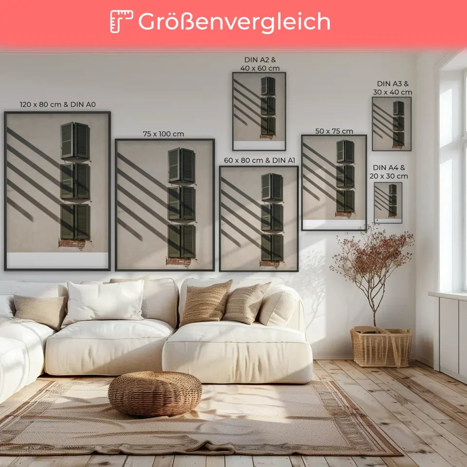 Minimalistisches Poster mit Fenstern im Beigeton und Charakter 7