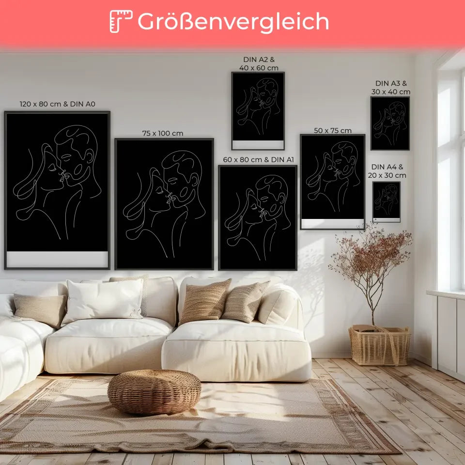 Minimalistisches Poster von küssenden Gesichtern in Schwarz Weiß 7
