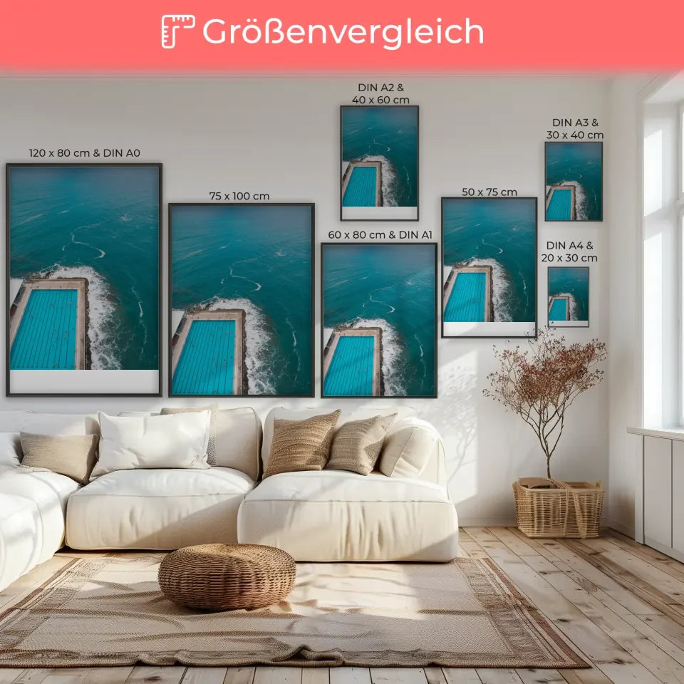 Poster von luftiger Poollandschaft am türkisfarbenen Ozean für Entspannung 7