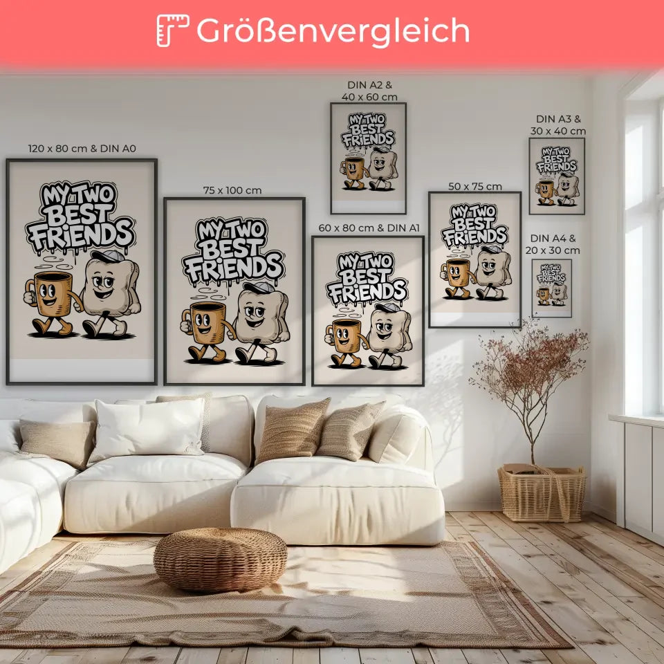 Fröhliche Cartoon Poster mit Kaffeetasse und Kissen