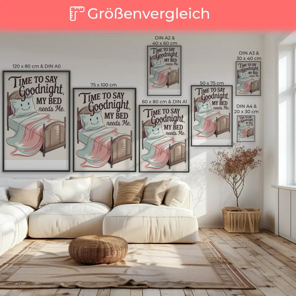 Künstlerisches Poster mit Bett und lächelm Kissen