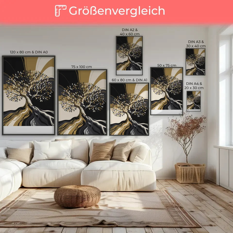 Abstrakter Baum Poster mit goldenen Akzenten und Farbverlauf Schwarz Weiß 7