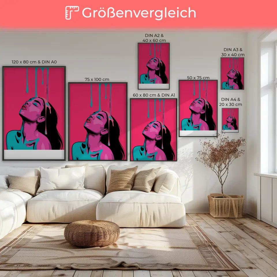 Feminines Poster in Rosa und Türkis stilisiertes Porträt einer Frau 7
