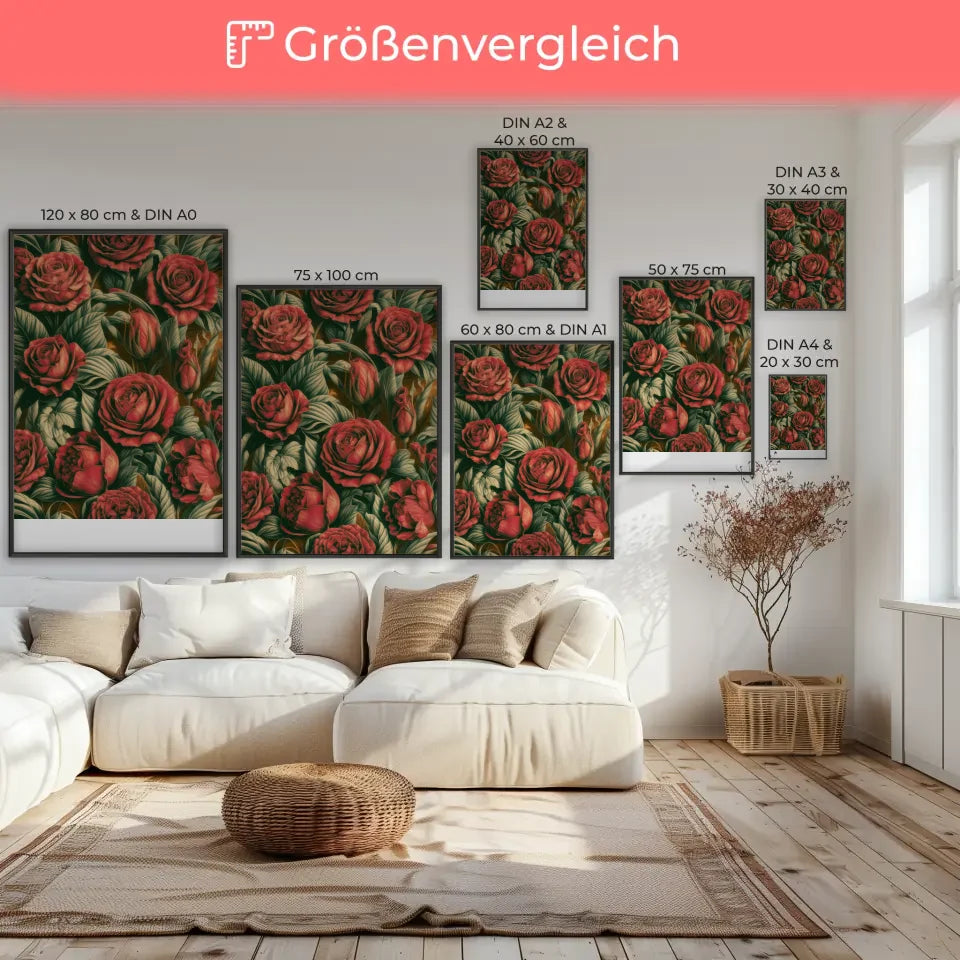 Künstlerischer Poster mit roten Rosen und Blättern 7