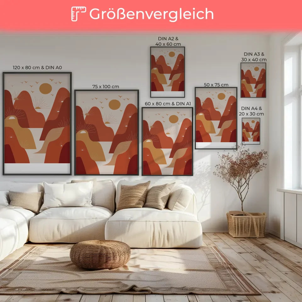 Abstrakte Landschaft Poster mit minimalistischen Bergen und Sonnenuntergang 7