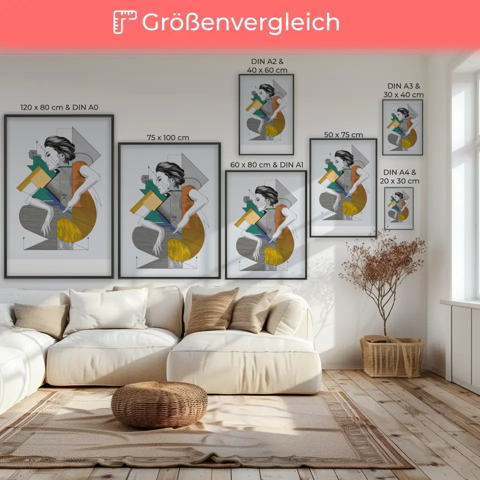 Poster Bauhaus Federillustration weibliche Figur mit geometrischen Formen 7