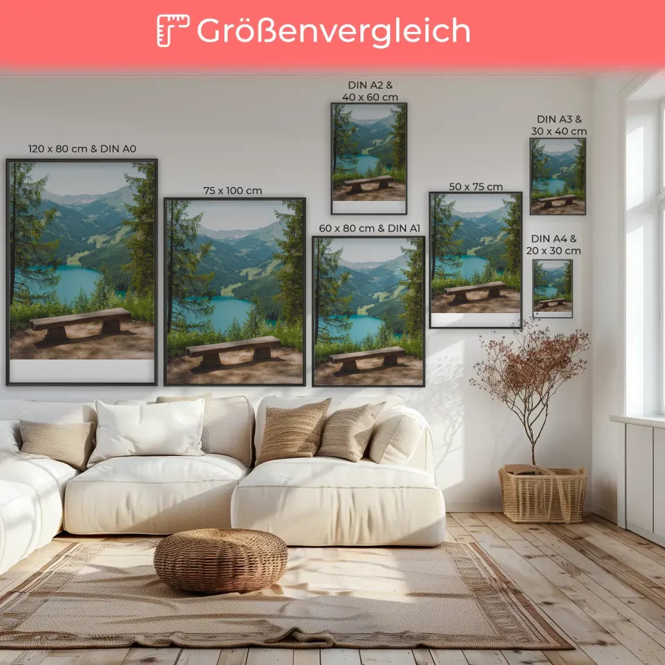 Poster mit Naturlandschaft und rustikaler Holzbank am See 7
