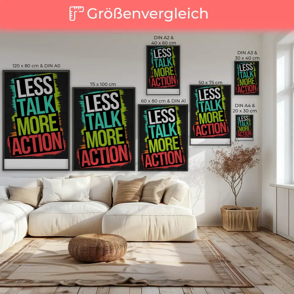 Poster mit Motivationszitat Weniger reden mehr Action in krÀftigen Farben 7